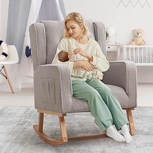 Nursery Rocking Chair,Rocking Chairs with Side Pocket for Nursery, Upholstered High Backrest Rocker for Living Room, Bedroom (Teddy, Light Grey)