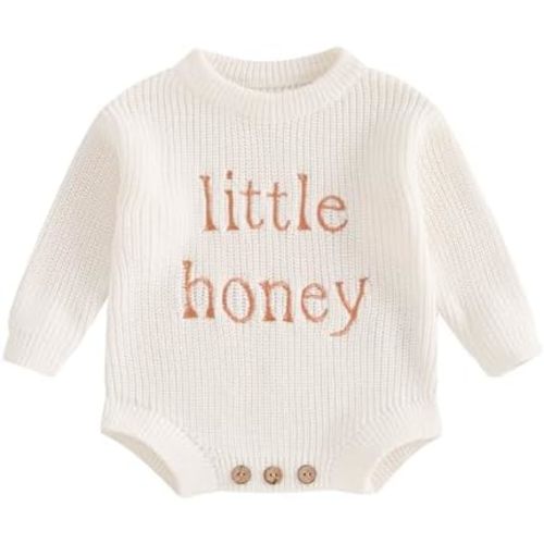 Lesimsam Newborn Baby Boy Girl Valentines Day Outfit Oversized Embroidery Long Sleeve Knit Sweater Bubble Romper Bodysuit