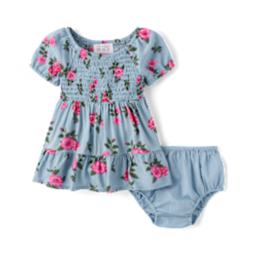 Baby Girls Floral Smocked Ruffle Dress - Blue aura