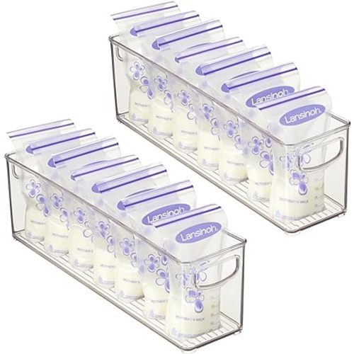 mDesign Plastic Long Stackable Storage Organizer Container, Organization Bin w/Handles for Kitchen, Pantry, Fridge, Freezer, Cabinet, Perfect to Hold Breast Milk - Ligne Collection - 2 Pack, Clear