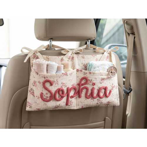 Personalized Car Backseat Organizer, Kids Car Caddy with Knit Name, Cotton Toy Storage