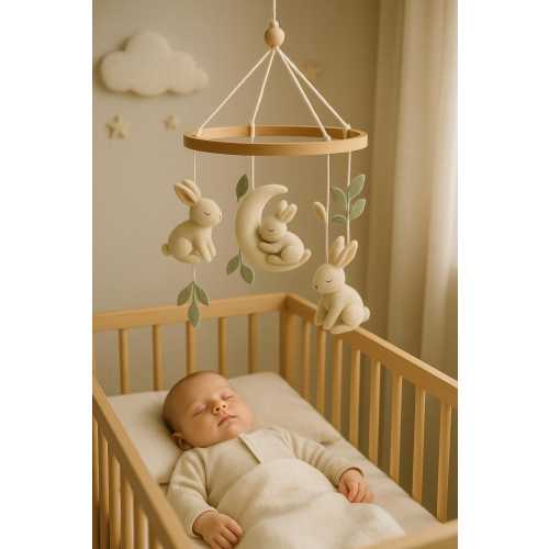 Mobile Neutral Rabbits Crib Cheerful Woodland Girl Boy Rabbits Baby Room Accessory Mobile Nursery Felt Rabbit Sky Baby Mobile Hanging Star