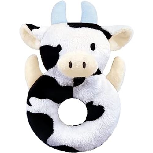Baby Cow Soft Rattle Toy, Dairy Cattle Plush Infant Shaker Rattle Easy-Grasp Stuffed Animal Toy, Birthday Gifts for Babies Toddlers Boys Girls, Ages Newborn +, Blue Horns,6"
