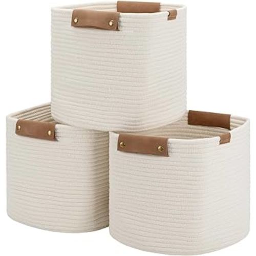 StorageWorks 11x11x11 Woven Baskets - 3 Pack, Cotton Rope Baskets with Leather Handles, White - Cube Storage Organizer for Bedroom, Nursery Room, Living Room