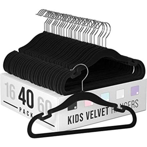 Velvet Baby Hangers for Clothes - Heavy Duty Non Slip Velvet Kids Hangers Or Toddler Hangers for Closet | Ultra Thin Design Kid Hangers for Space Saving - Ganchos De Ropa para Bebe (40 Pack Black)