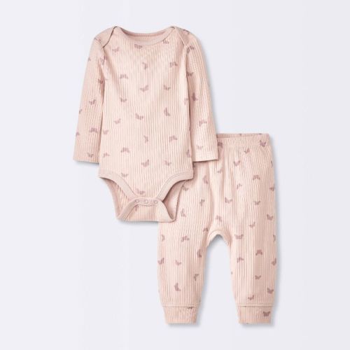 Baby Girls' 2pc Butterflies Wide Ribbed Top & Bottom Set - Cloud Island™ Pink 0-3m