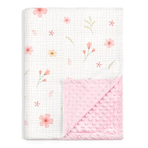 Floral Baby Blankets for Girls Newborn, Soft Nursery Minky Blankets with Muslin and Dotted Fleece Back 30x40 inches, Receiving Bed Quilt for Infants, Toddlers
