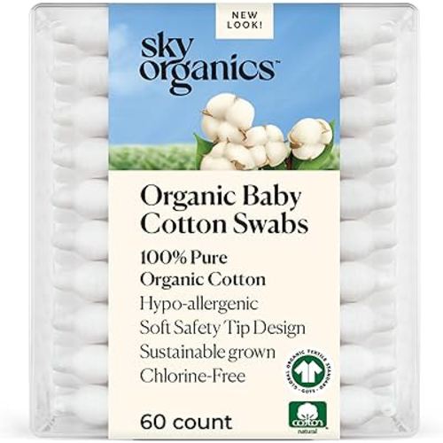 Sky Organics Organic Baby Cotton Swabs for Baby, 100% Pure Organic Cotton, GOTS Certified Organic Cotton, 60 Count