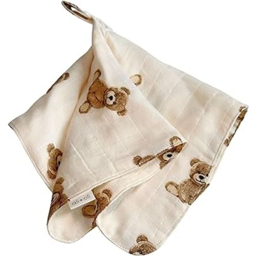 Ali+Oli Security Blanket for Baby (Teddy Bear) Pacifier Blanket Holder Made with Soft Muslin Cotton, Cuddle Blanket with Lead-Free Button Snap Closure, Pacifier Holder, Baby Blankets (15"x15")