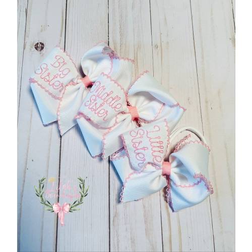 Custom embroidered Big Sister, Middle Sister, Little Sister moonstitch ribbon hair bow