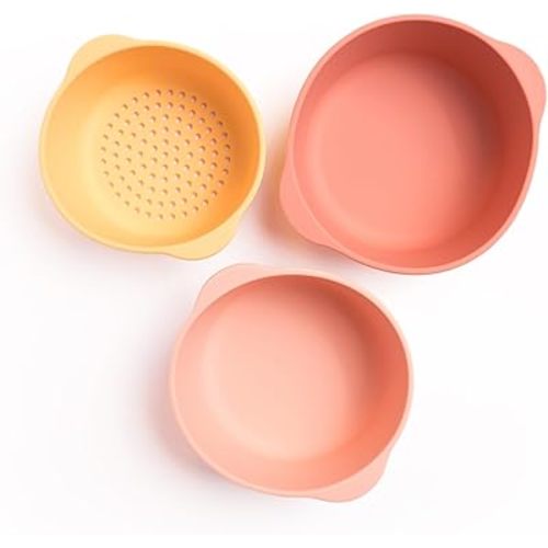 Inspire My Play - 3 x Nesting Bowls and Sieve - Perfect for Sensory PlayTray - Sensory Bin Accessories - Special Education Classroom Supplies - Montessori Education Toys - Coral