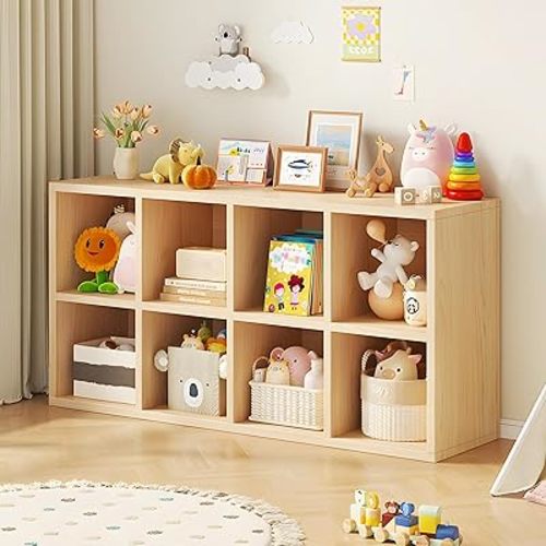 8 Cube Storage Organizer, Cubby Storage Organizer, Cube Shelf with Back Plate, Wooden Kids Bookcase for Toy, Solid Wood Cube Storage for Living Room/Bedroom/Hallway/School, Easy to Install