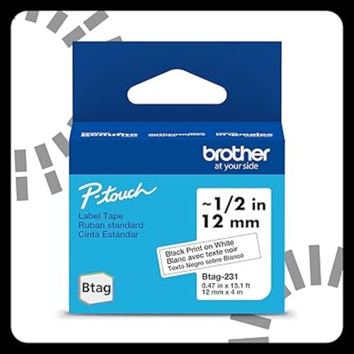 Brother Genuine P-Touch Btag BTAG231 Black on White Label Tape ~1/2in by 13.1ft (12mm x 4m)