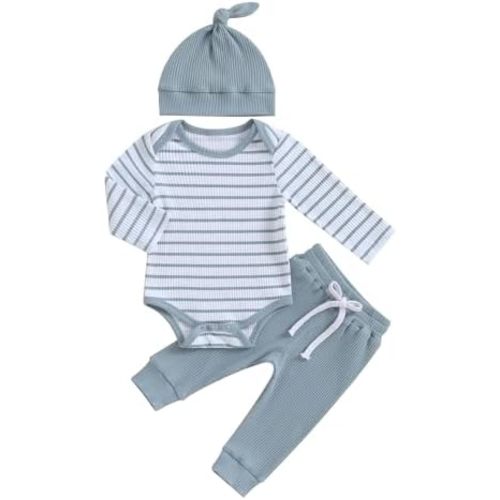 Newborn Baby Boy Girl Outfits Long Sleeve Striped Ribbed Knitted Romper Pants Hat 3Pcs Infant Fall Winter Clothes