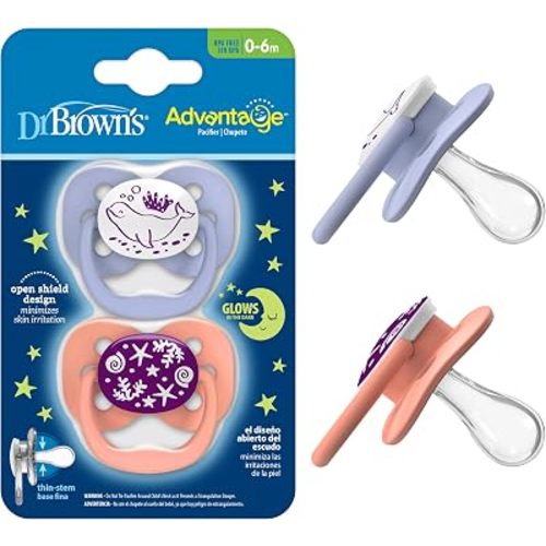 Dr. Brown's Advantage Glow-in-the-Dark Baby Pacifier, Fully Symmetrical Soother with Soft Silicone Bulb, Coral Ocean, 0-6m, BPA Free, 2 Pack