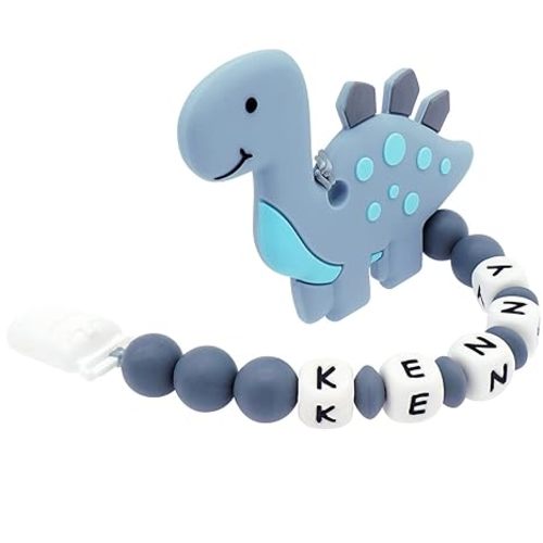 Panny & Mody Personalized Car Seat and Stroller Toys with Name, Customized Stroller Toy Clip with Name - Cute Stegosaurus(Grey)