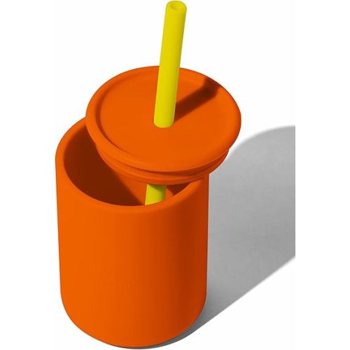 Avanchy Silicone Training Sippy Cup with Straw Lid – For Babies 6+ Months to Toddlers 1 Year Old – 8 oz Infant Water Cup for Baby Led Weaning, Orange