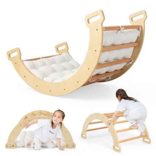 Costzon Climbing Toys for Toddlers, 2-in-1 Montessori Wooden Arch Climber Ladder Structure with Cozy Cushion