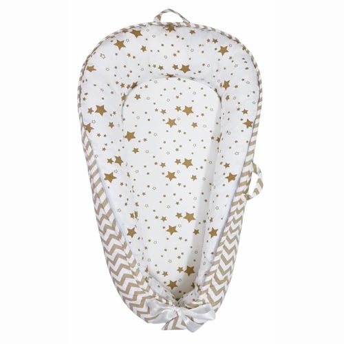 Baby Nest, Baby Lounger, Organic Cotton Lounger for Baby, Reversible Breathable Adjustable Portable - Star Collection (White/Tan)