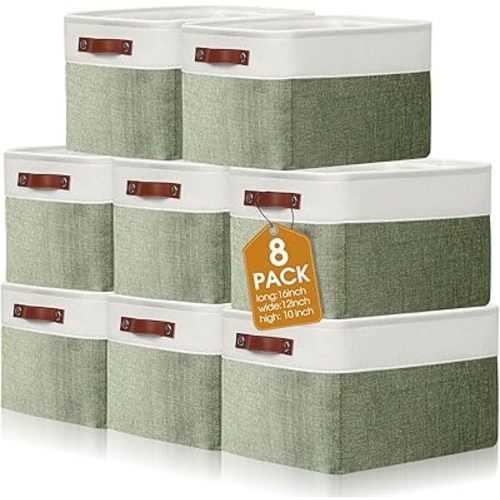 Uiifan 8 Pack 16 x 12 x 10 Inch Large Storage Baskets Collapsible Fabric Storage Cubes Bins with Handles for Shelves Closets Nursery Home Clothes Toys Organizers, Green
