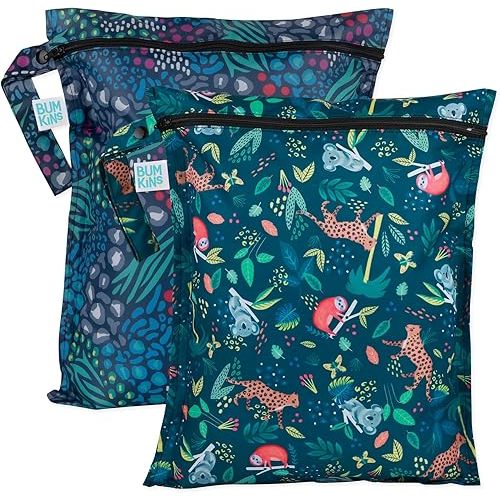 Bumkins Waterproof Wet Bag for Baby, Travel, Swim Suit, Cloth Diapers, Pump Parts, Pool, Gym Clothes, Toiletry, Strap to Stroller, Daycare, Zipper Reusable Bag, Packing Pouch, 2-pk Jungle and Animal