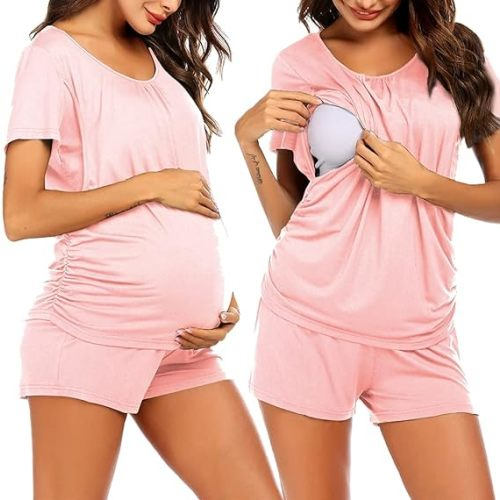Ekouaer Women's Maternity Nursing Pajamas Set Breastfeeding Sleepwear Double Layer Short Sleeve Top & Shorts Pregnancy PJS