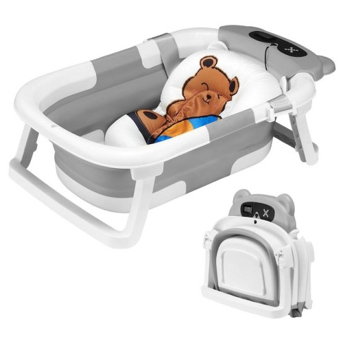 Playpals Collapsible Baby Bathtub with Thermometer Travel Newborn Tub Grey