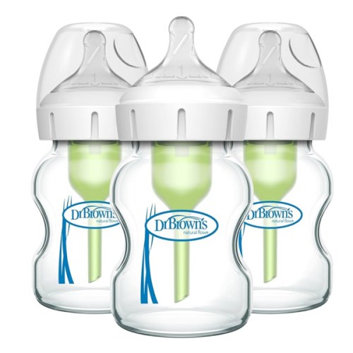 Dr. Brown's Natural Flow Anti-Colic Options+ Wide-Neck Glass Baby Bottles 5 oz/150 mL, with Level 1 Slow Flow Nipple, 3 Pack, 0m+