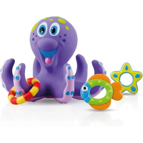 Nuby Floating Octopus Toy with 3 Hoopla Rings - Baby Bath Toy for Boys and Girls - 18+ Months - Purple (Pack of 1)