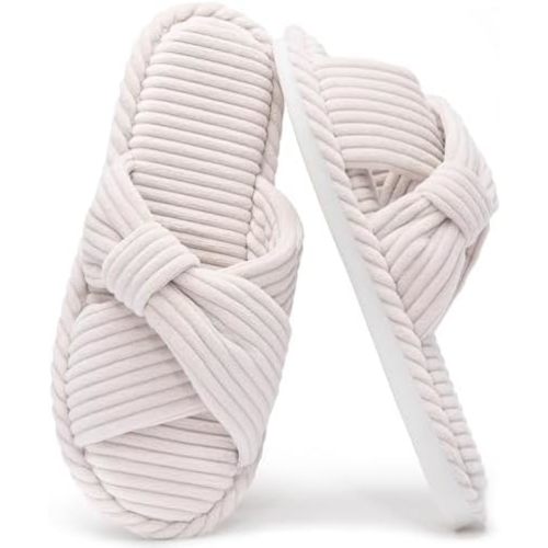 House Slippers for Women Corduroy Cross Band Slippers Open Toe Bedroom Indoor Shoes with Memory Foam