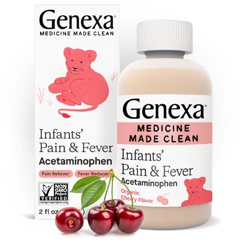 Genexa Infants’ Clean Pain & Fever Acetaminophen, Dye Free, 0% Artificial Additives, Delicious Organic Cherry Flavor, Liquid Oral Suspension Medicine for Baby, 160 mg per 5mL, 2 fl oz