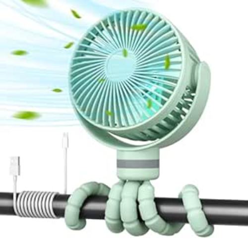 Momcozy Portable Stroller Fan, 8000mAh, 27H Ultra-long Battery Life, Detachable 4 Speed 360°Rotate, LED Night Light with 2 Modes, USB Rechargeable Handheld Cooling Fan for Travel, Car Seat, Bedroom - Green