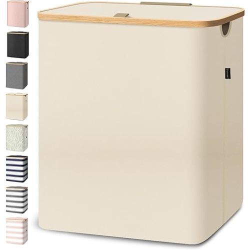 BALEINE Laundry Hamper with Lid, Tall Laundry Baskets with Bamboo Pull Handles, Large Laundry Bin with Internal Support (36 Gal/140L, Beige)