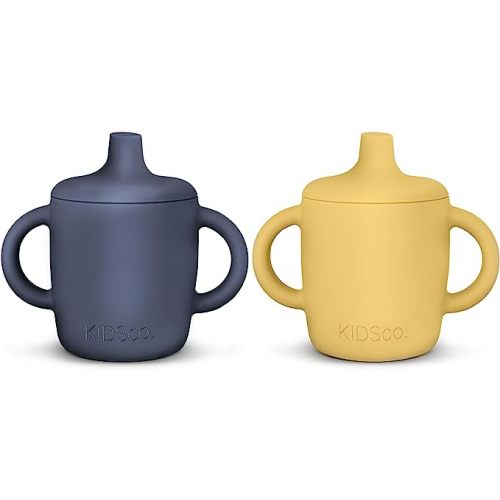 Silicone Sippy Cup and Training Cup for Baby 6 months+ Soft Spout and Handles Unbreakable Easy Grip for Babies 6-12 months and Toddlers 1-3 years 5oz/150ml (Canary and Midnight Blue)