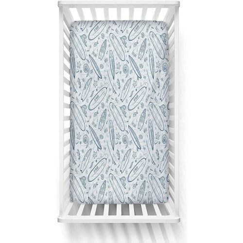 Surfboard Fitted Crib Sheet,Doodle Surfing Boards Waves and Starfishes Hawaiian Summer Microfiber Silky Soft Toddler Mattress Sheet Fitted,28"x 52"x 8'',Baby Sheet for Boys Girls