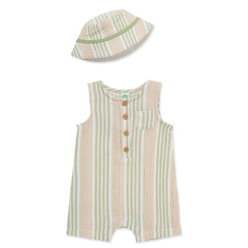 Striped Gauze Romper & Hat Set- 9M