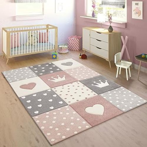Kid's Rug Pastel Colors Checked Dots Hearts Stars White Grey Pink, Size: 3'11'' x 5'7''