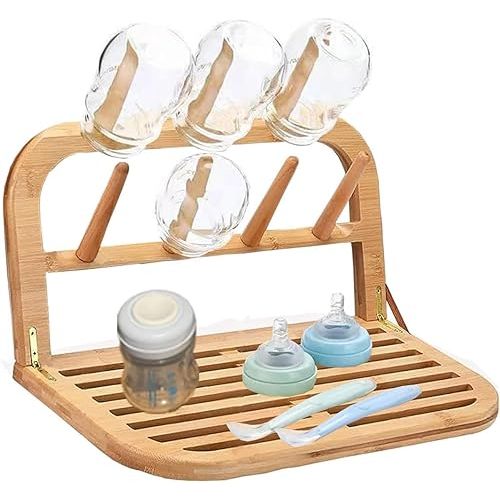 Baby Bottle Countertop Drying Rack Bamboo,Space Saving Kitchen Drying Rack & Bottle Holder for Nipples, Cups, Pump Parts, Accessories, Reusable Ziplock and Freezer Bag Dryer Rack