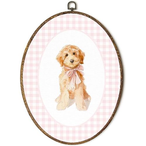 laveliabel Golden Doodle Pink Gingham Oval Canvas Art Wall Decor, Baby Girl Nursery Decor, Coquette Bow Puppy Framed Canvas Prints, Preppy Cute Dog Oval Hanging Wall Decor for Home Bedroom, 8.5x11.5in