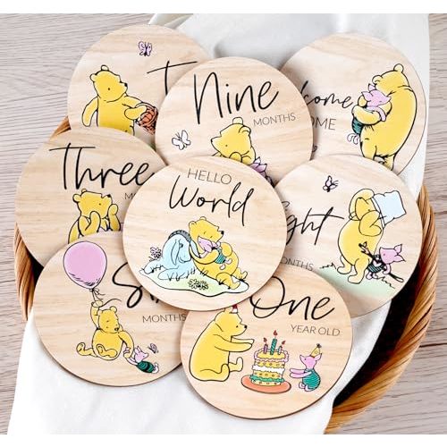 Winnie Baby Milestone Cards, Wooden Cirles Discs for Baby Photo Prop with Announcement & Hello World Sign - 8Pcs Double Sided Markers for Baby Shower Nursery Gift