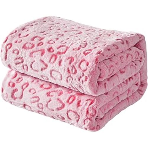 FY FIBER HOUSE Flannel Fleece Leopard Print Throw Blanket Super Soft Lightweight Fluffy Throw for Couch, 90"X90",Hot Pink