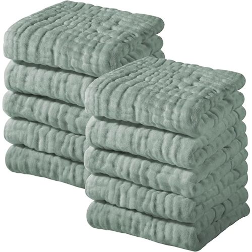 Yoofoss Muslin Baby Washcloths 100% Organic Cotton Face Towels 10 Pack Wash Cloths for Baby 12x12in Soft and Absorbent Baby Wipes (Dark Green)
