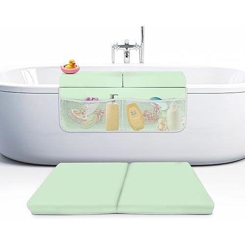 Bath Kneeler and Elbow Rest Pad Set, 2-Inch Thick, Water-Resistant Mat – Baby Bath Time Essentials Cushion and Bath Kneeling Pad for Bathing Baby with Bathtub Toy Organizer (Mint Green)