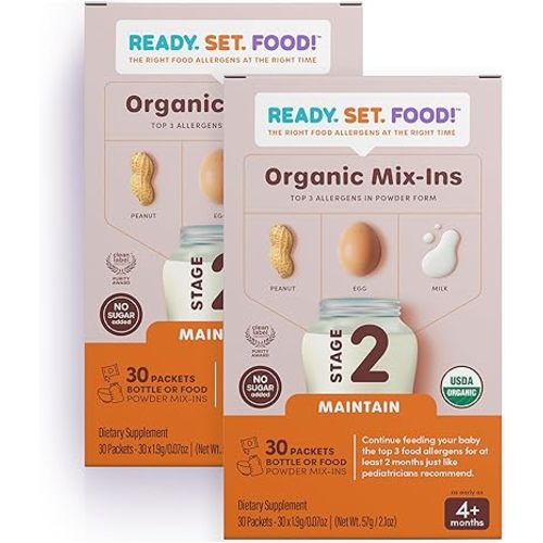 Ready, Set, Food! Stage 2 Mix-ins – Safe & Easy Early Allergen Introduction for Babies 4+ Months, Mix with a Bottle or Baby Food, with 3 Top Allergens: Organic Peanuts, Milk & Eggs (60 Days)