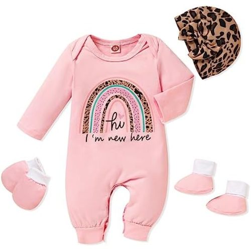 Sinhoon Newborn Baby Girl Romper Infant Letter Print Bodysuit Jumpsuit+Hat+Gloves+Socks 4Pcs Coming Home Clothes Outfit