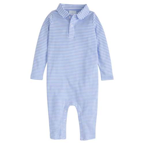 Long Sleeve Polo Romper - Light Blue Stripe