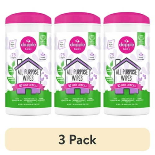 (3 pack) Dapple Baby All-Purpose Cleaning Wipes, Powered by Plants and Baby Friendly, Lavender, 75 Wipes