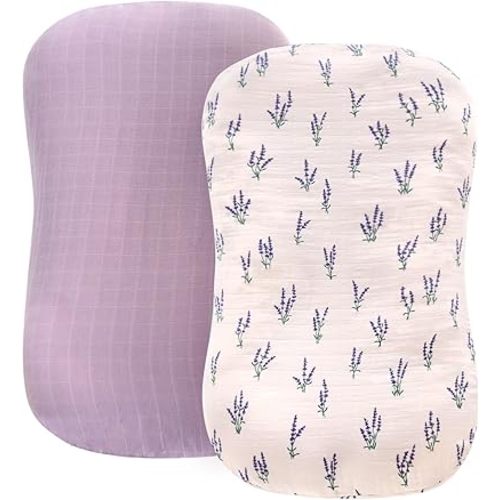 LifeTree Muslin Baby Lounger Cover Neutral, Newborn Slipcover Lounger Cover for Boys Girls Infant, Soft Organic Cotton, Cover Only, Lavender and Mauve Pattern, 30.7in x 20in