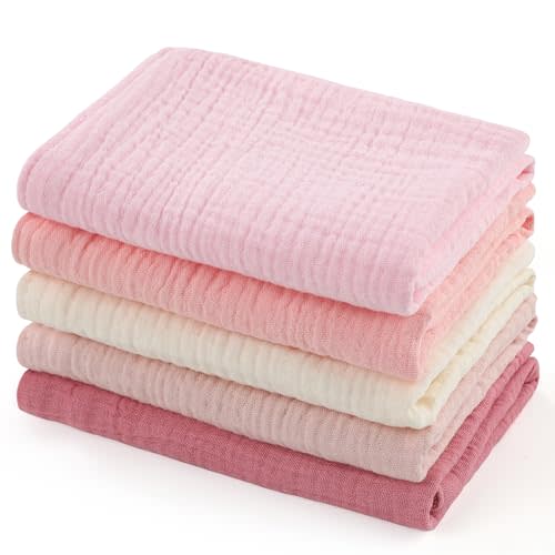 MUKIN Baby Washcloths,Muslin Burp Cloths Towels for Newborns,Absorbent Cotton Bath Face Towel ，5 Pack, 12x12 Inches (Rosy Embrace)
