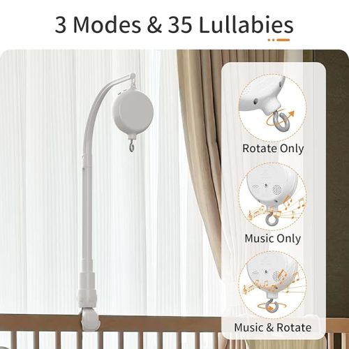 FEISIKE Baby Crib Mobile Arm with Music Box Spin Motor,23 Inch,Volume Control,3 Modes(Turn & Music,Turn Only, Music Only),Nursery Decor Hanger,Holder for DIY Clamp Mobile,35 Lullabies,30 Min Auto-Off - White,mobile arm with music box